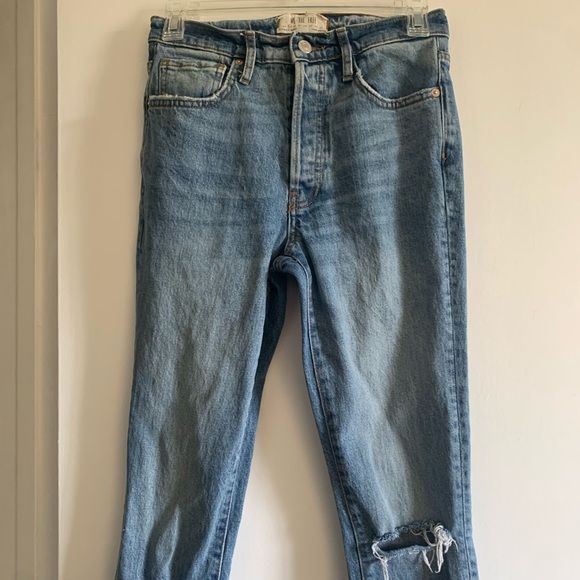 Free People We the Free Blue Distressed Knee/Hem High Waisted Skinny Jeans - Picture 3 of 7